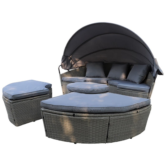 Polyrattan XL Ø 210 cm Sonneninsel mit faltbarem Sonnendach Grau