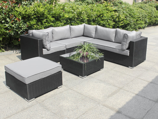 Polyrattan 5 Sitzer Gartensitzmöbel mit Hocker und Tisch