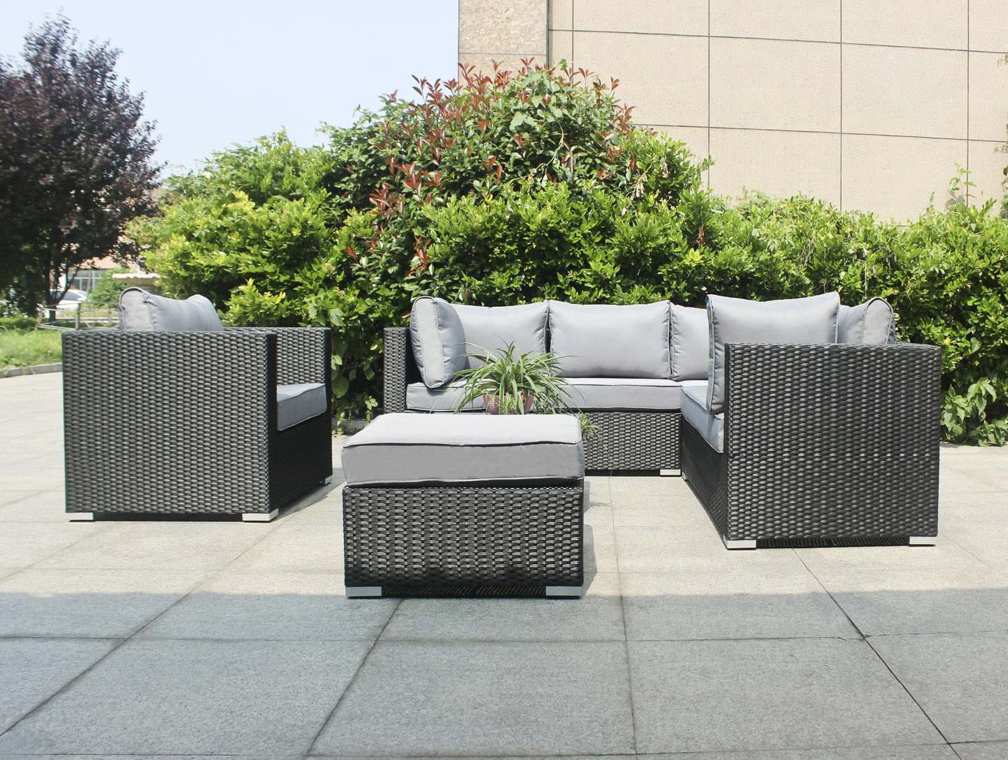 Polyrattan Gartenmöbel, 6 Sitzer, mit Hocker & Tisch