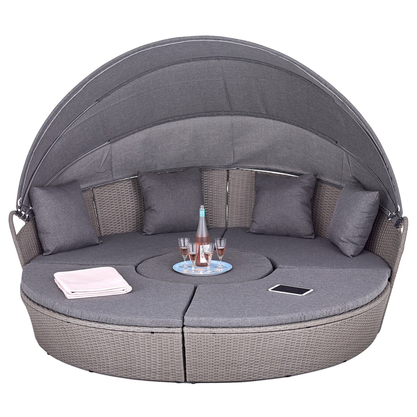 Polyrattan XL Ø 210 cm Sonneninsel mit faltbarem Sonnendach Grau