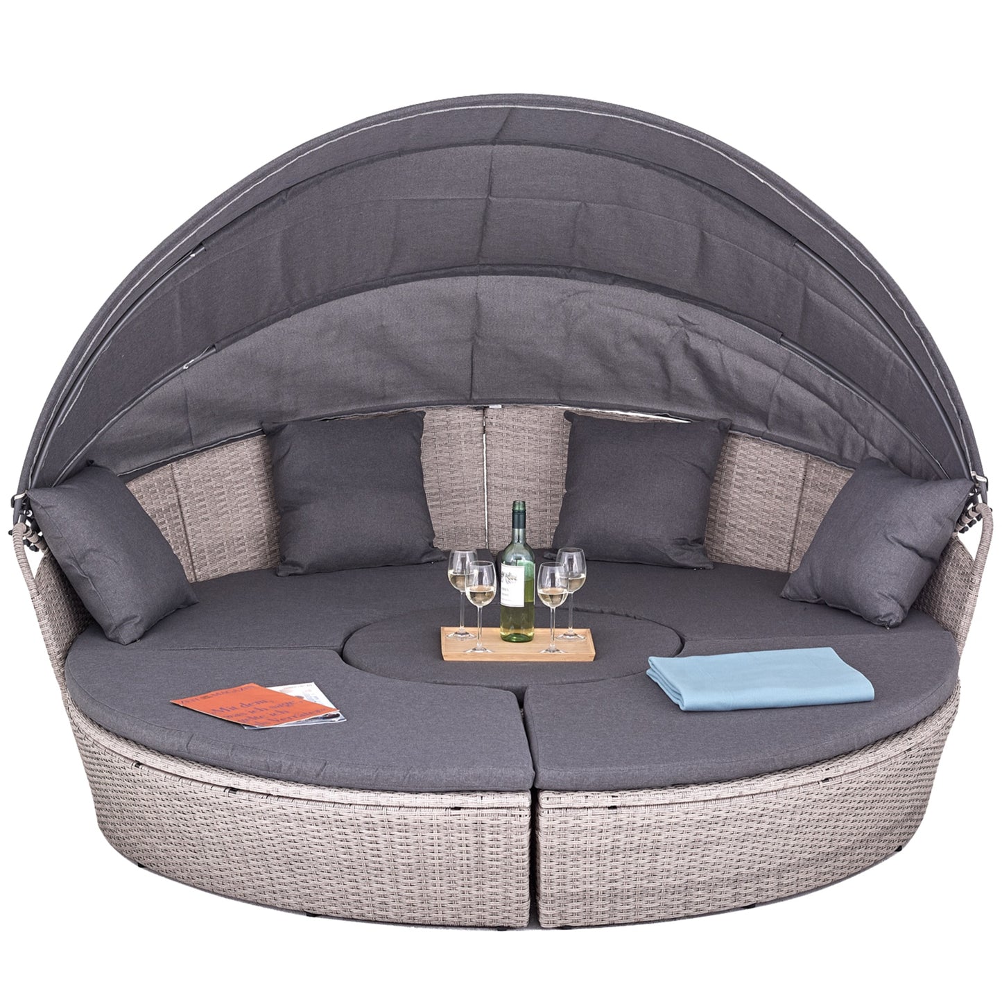 Polyrattan XL Ø 210 cm Sonneninsel mit faltbarem Sonnendach Hellgrau
