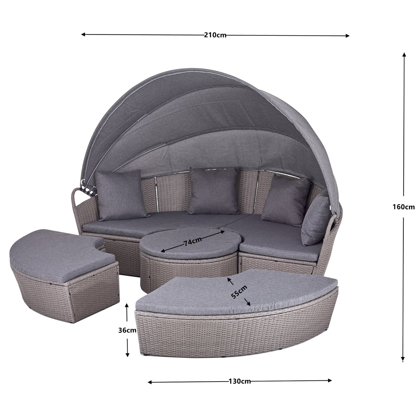 Polyrattan XL Ø 210 cm Sonneninsel mit faltbarem Sonnendach Grau