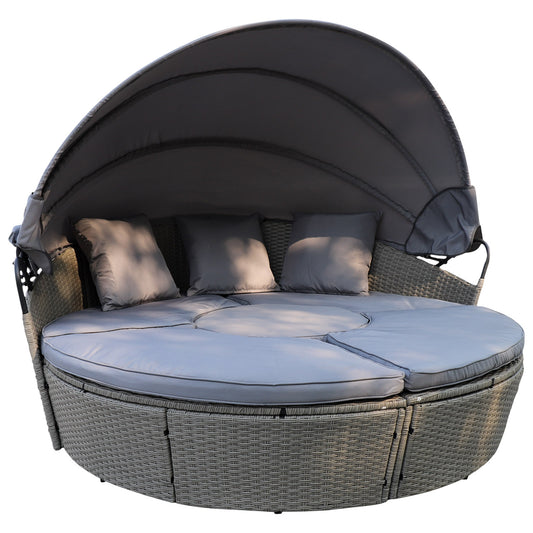 Polyrattan XL Ø 210 cm Sonneninsel mit faltbarem Sonnendach Grau