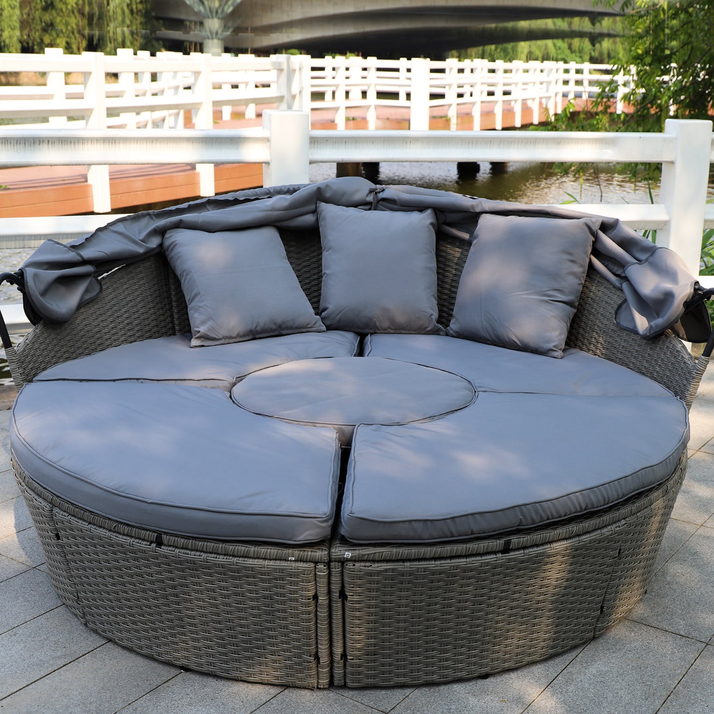 Polyrattan XL Ø 210 cm Sonneninsel mit faltbarem Sonnendach Grau