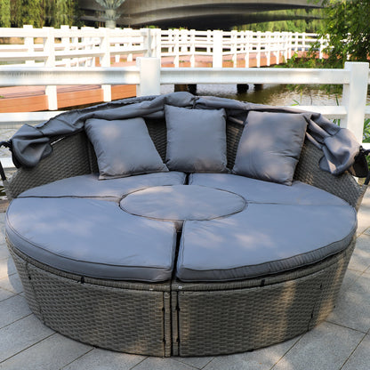 Polyrattan XL Ø 210 cm Sonneninsel mit faltbarem Sonnendach Grau