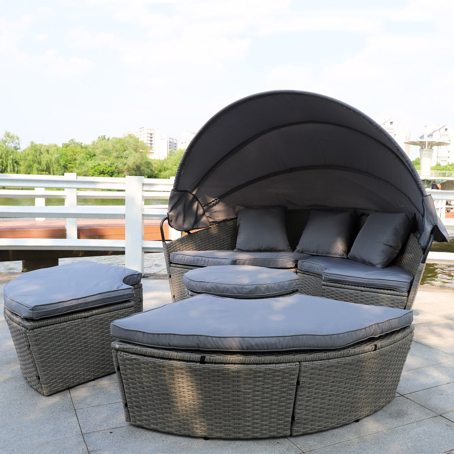 Polyrattan XL Ø 210 cm Sonneninsel mit faltbarem Sonnendach Grau
