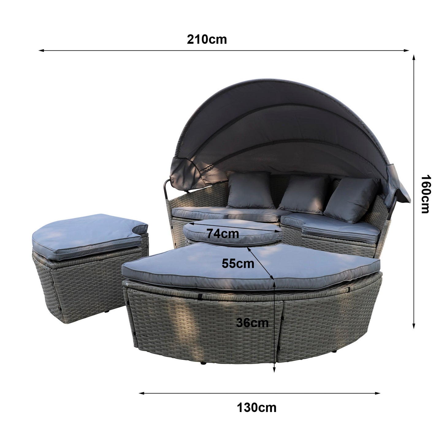 Polyrattan XL Ø 210 cm Sonneninsel mit faltbarem Sonnendach Grau