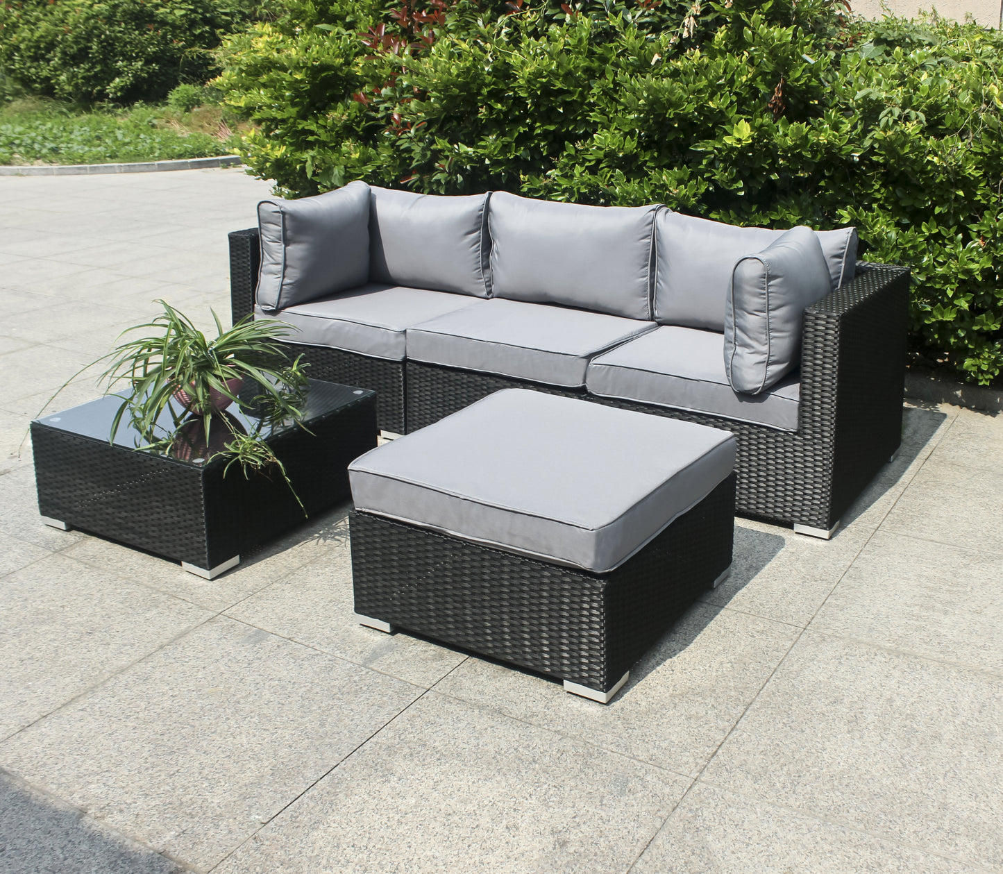 Gartenmöbel-Set Poly Rattan Garnitur 3 Sitzplätze, mit Hocker + Tisch