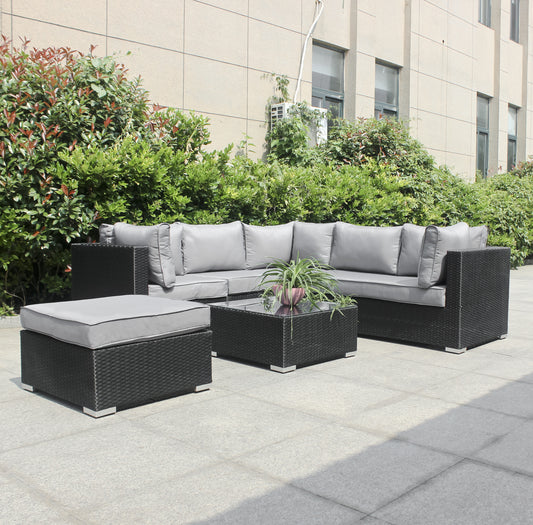 Polyrattan 5 Sitzer Gartensitzmöbel mit Hocker und Tisch