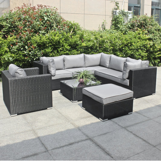 Polyrattan Gartenmöbel, 6 Sitzer, mit Hocker & Tisch