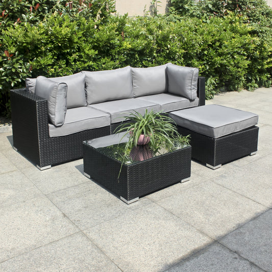 Gartenmöbel-Set Poly Rattan Garnitur 3 Sitzplätze, mit Hocker + Tisch