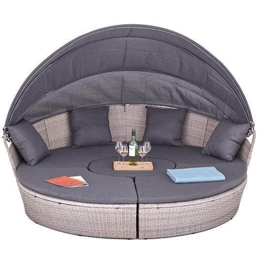 Polyrattan XL Ø 210 cm Sonneninsel mit faltbarem Sonnendach Hellgrau