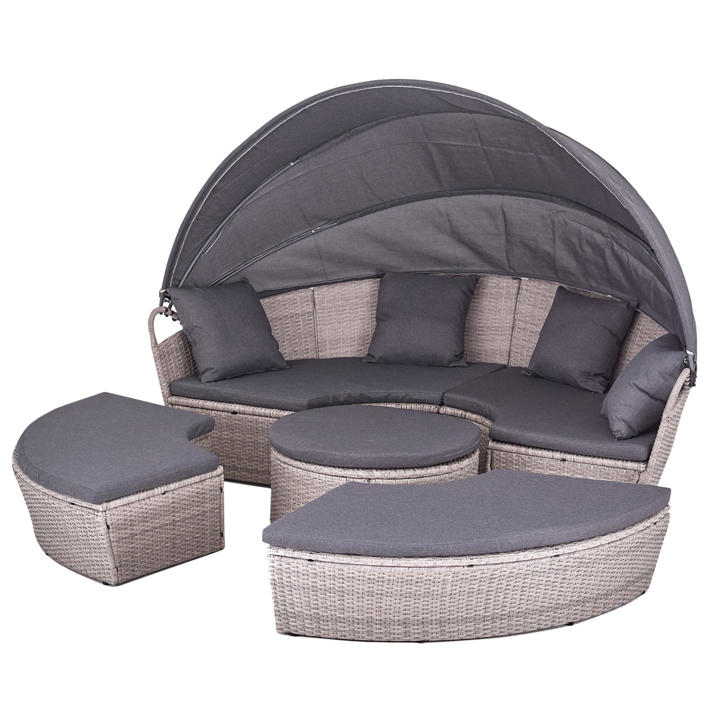 Polyrattan XL Ø 210 cm Sonneninsel mit faltbarem Sonnendach Hellgrau