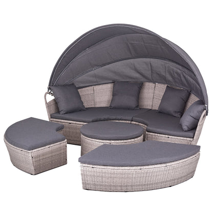 Polyrattan XL Ø 210 cm Sonneninsel mit faltbarem Sonnendach Hellgrau
