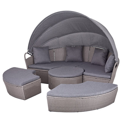 Polyrattan XL Ø 210 cm Sonneninsel mit faltbarem Sonnendach Grau