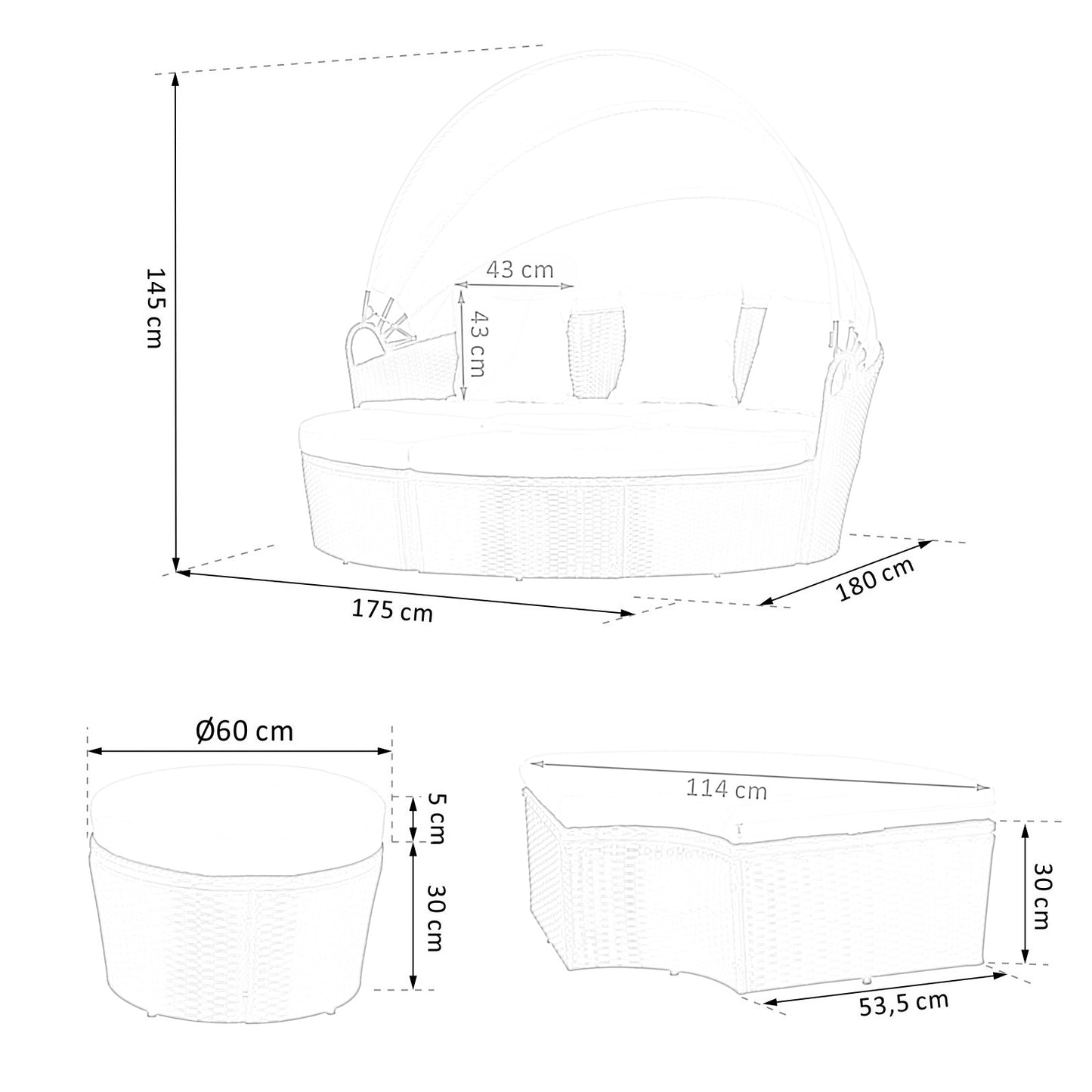 Polyrattan Sonneninsel Ø 180 cm mit Sonnendach & Abdeckplane